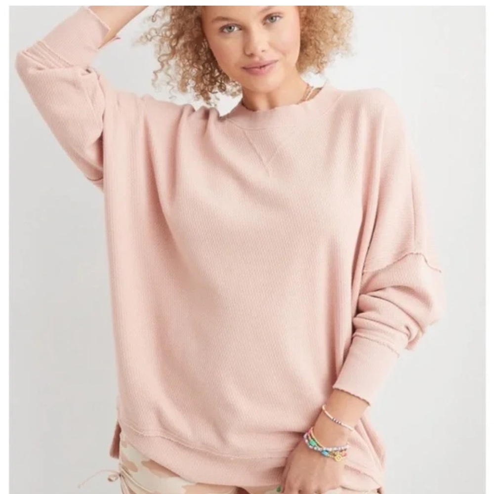 Aerie The Happiest Textured Oversized Crew Sweatshirt‎ Paper Pink XL